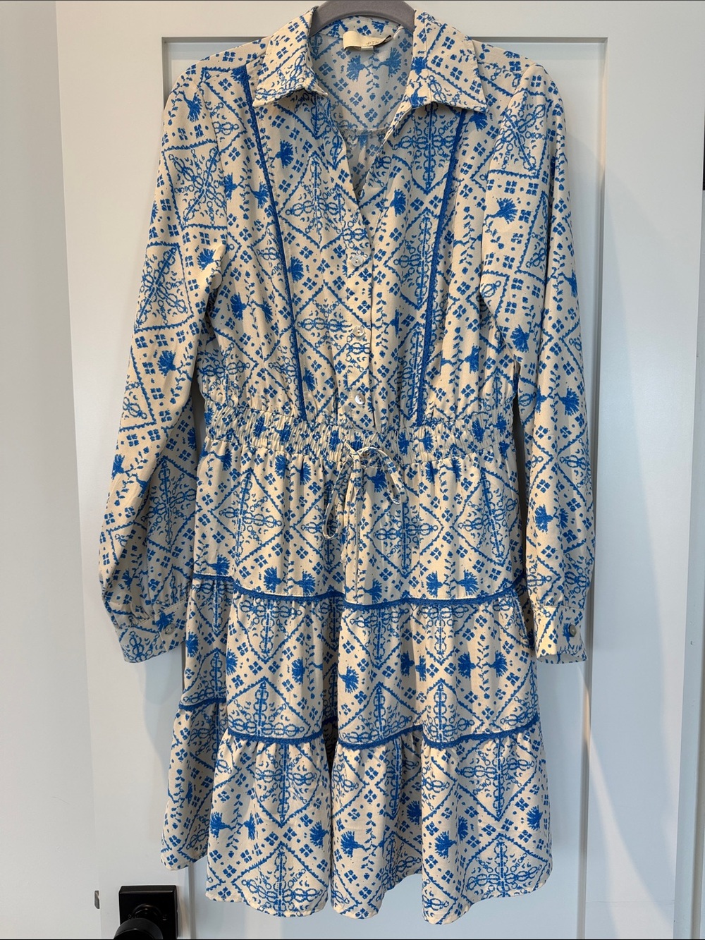 Pinch Blue and White Long Sleeve Printed Tiered Dress, pretty details throughout